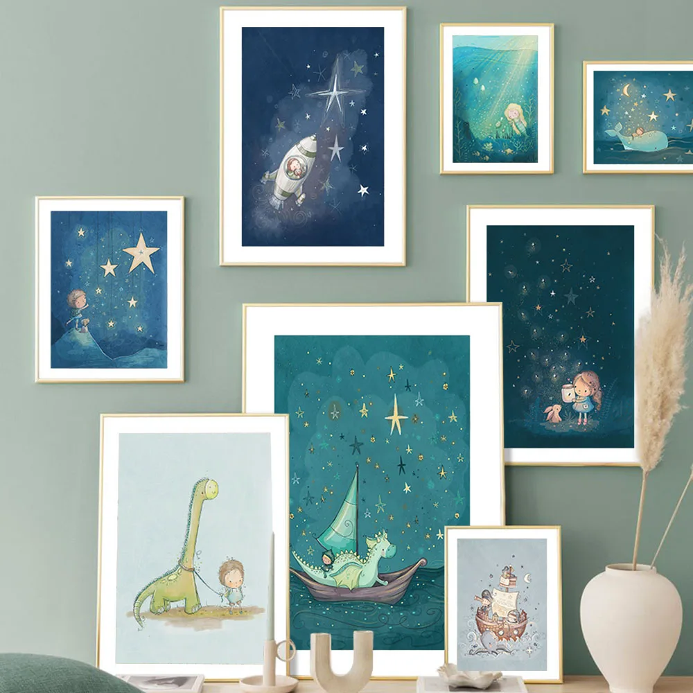 Rocket Dinosaur Whale Wall Art Pirate Mermaid Poster And Prints Unicorn Canvas Painting Nordic Wall Picture Baby Kids Room Decor