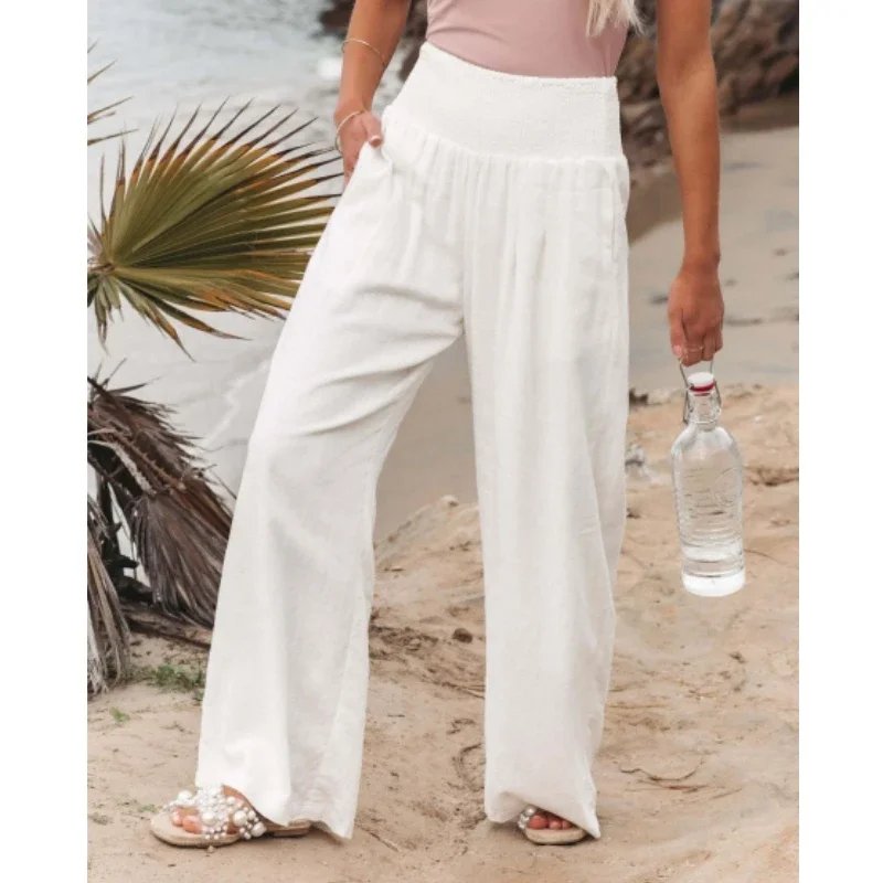 Cotton Linen Long Sleeve Irregular Hem Loose Fit Women's Two-Piece Set Top & Wide-Leg Pants