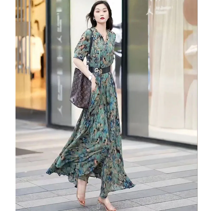 High Quality Size 5XL Printed Long Dress 2023 Summer New Half-Sleeve Dresses V-Neck High Waist Lacing Temperament Female Clothes