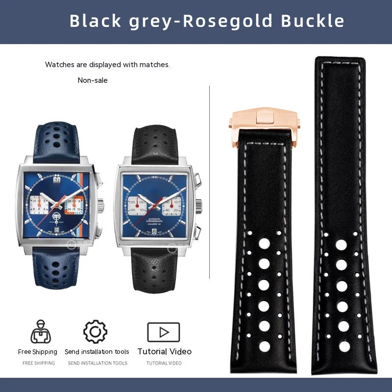 Men's Soft Genuine Cowhide Leather Watchband with Folding Buckle - 22mm, Compatible with Tag Heuer Monaco Series