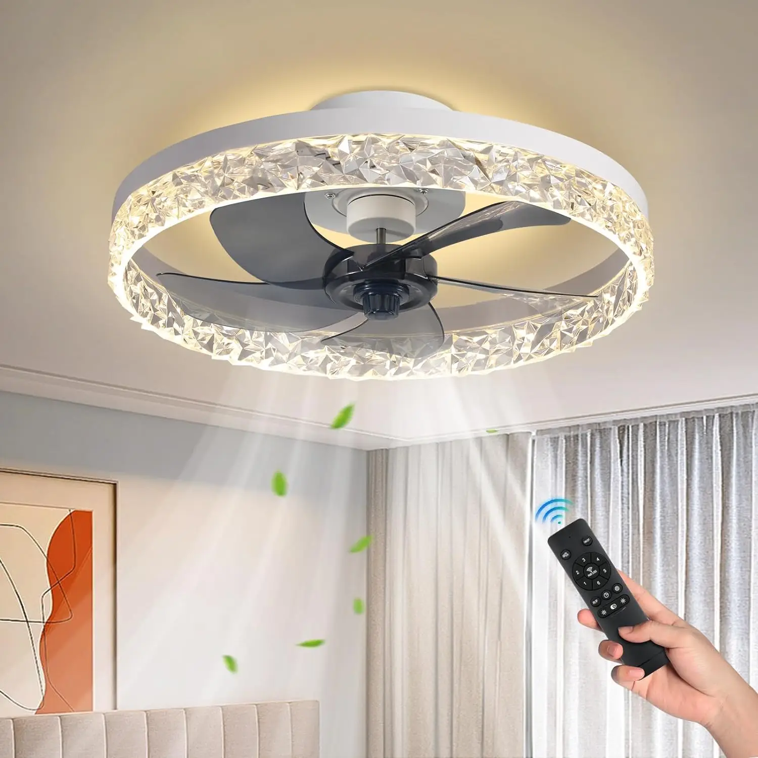 

Flush Mount with Lights,Modern Low Profile Ceiling Fans with Remote Control,Smart Dimmable with 3 Lights and 6 Wind Speeds,Tima