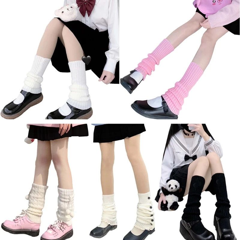 

Women Socks Leg Warmers Plush Ball Ribbed Knitted Solid Winter Foot Cover