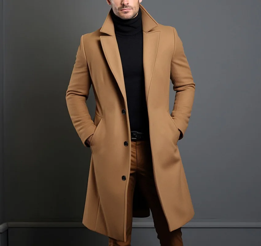 Woolen Coat Men\'s Medium Length Solid Color Autumn and Winter Warm Youth Woolen Jacket for Men
