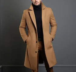 Woolen Coat Men's Medium Length Solid Color Autumn and Winter Warm Youth Woolen Jacket for Men