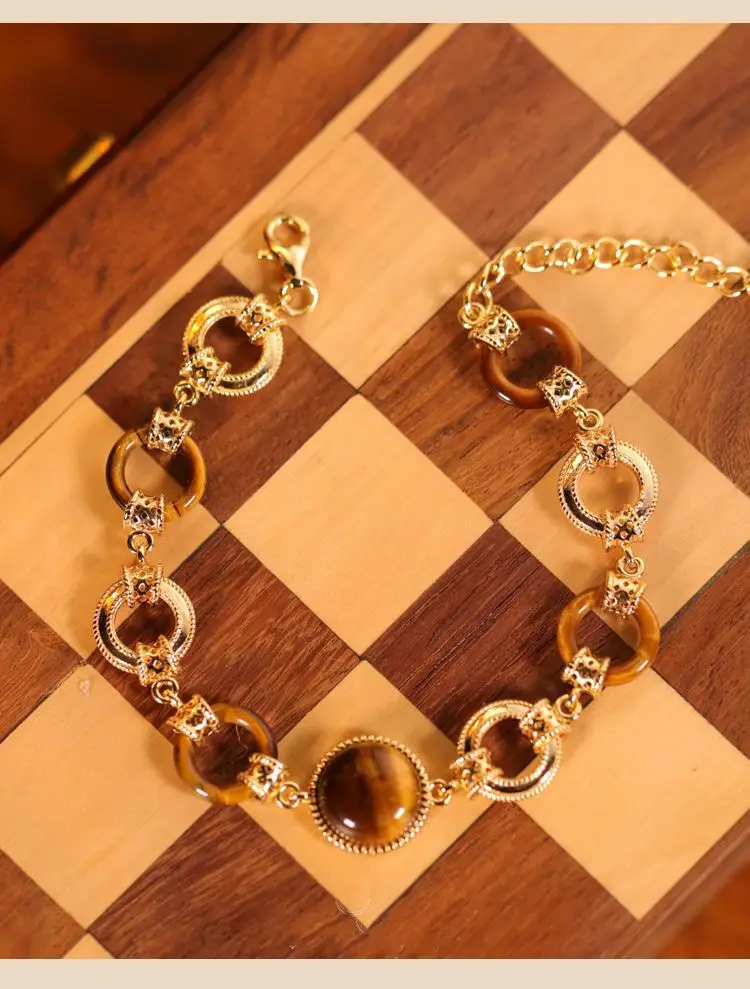 Ins Fashion 925 Silver Natural Tiger Cat's Eye Bangle Crystal Gemstone Adjustable Chain Bracelet Female Bijoux 9k Gold Jewelry