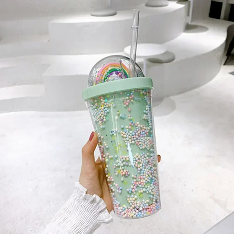 Double Layers Rainbow Plastic Water Bottle with Straw Korean Style Creative Sweet Mug for Milk Coffee Tea Cup Water Bottles