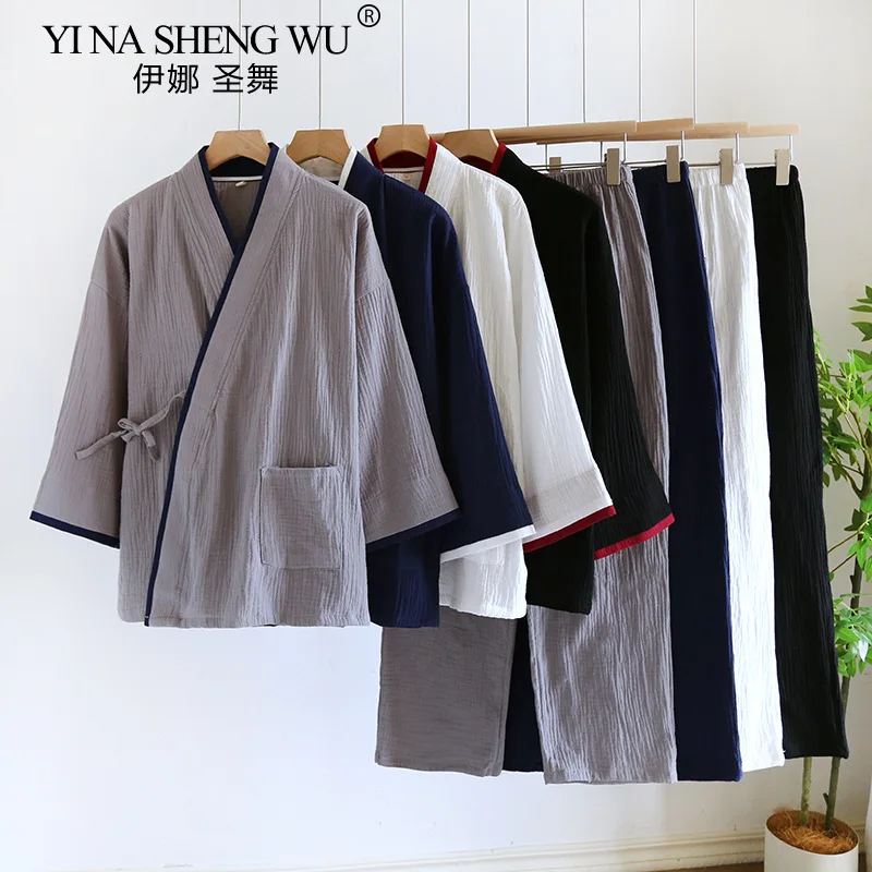 Japanese Style Spring and Autumn Thin Men's Kimono Hanfu Pure Cotton Gauze Pajamas Plus Size Home Steaming Suit