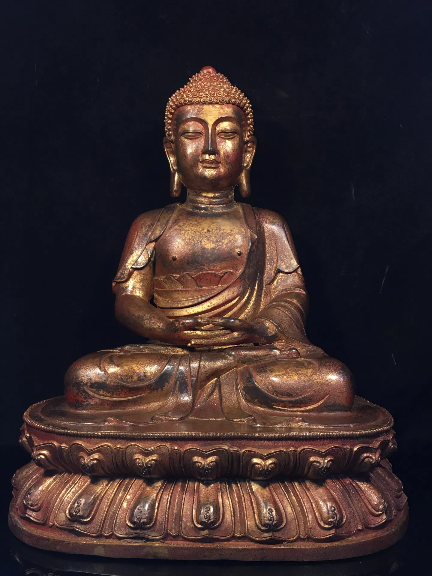 

19"Tibetan Temple Collection Old Bronze Cinnabar Mud gold Shakyamuni Da Ri Tathagata Buddha Lotus Platform Worship Hall