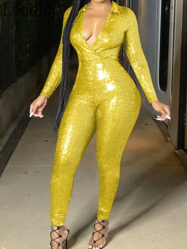 

Women Turn-down Collar Shiny Long Sleeve Skinny Jumpsuit