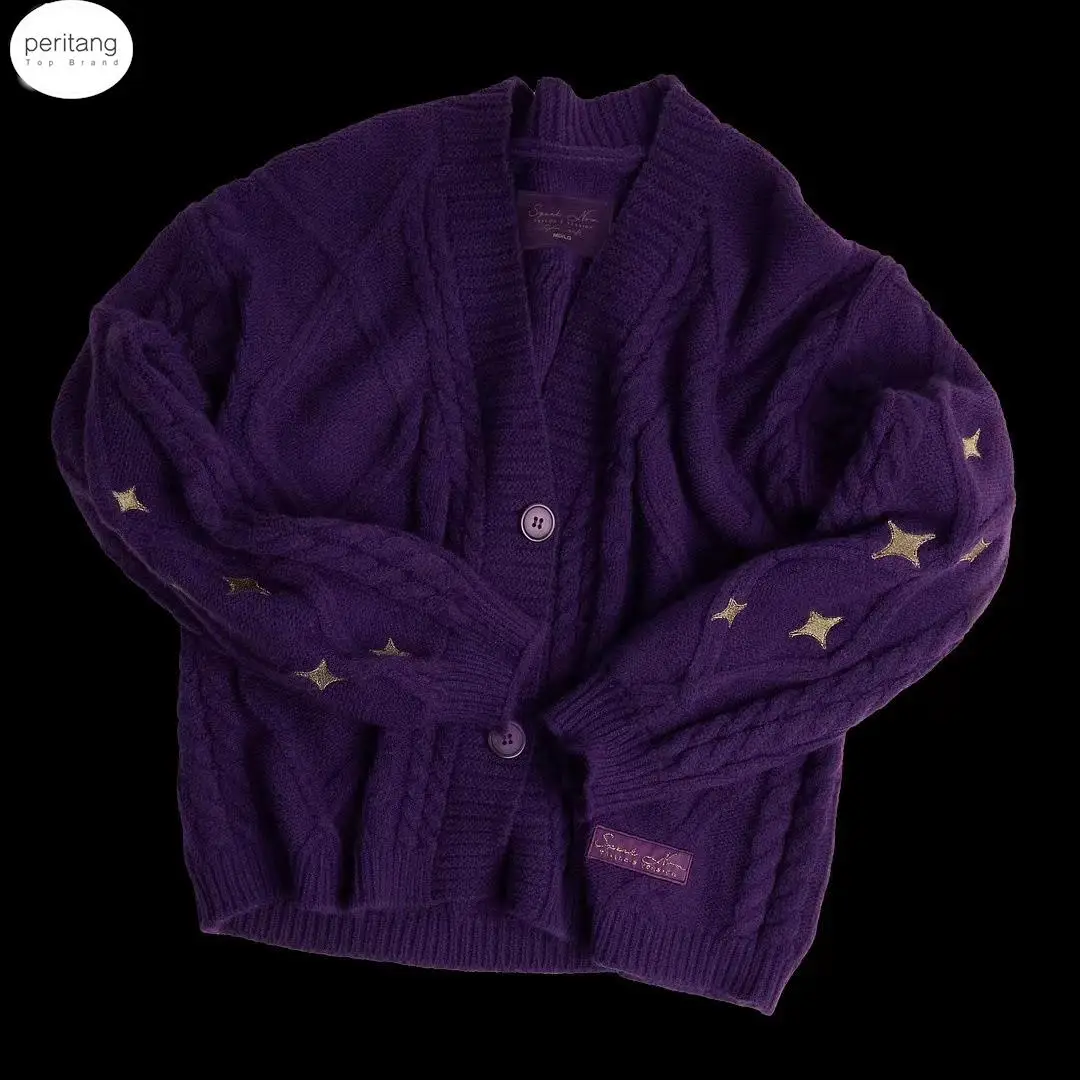 

PERITANG Winter Women Star Embroidered Cardigan Lor Knitted Sweater Swif T Beige Cardigan Tops Fall Speak Style Purple Cardigan