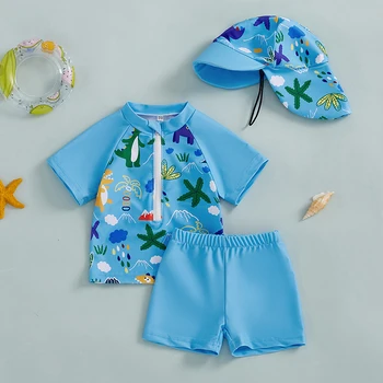Bambini Neonati 3 pezzi Costumi da bagno Estate Stampa carina Manica corta Cerniera Rash Guard Top e costume da bagno e cappello Beachwear 0-5 anni 1