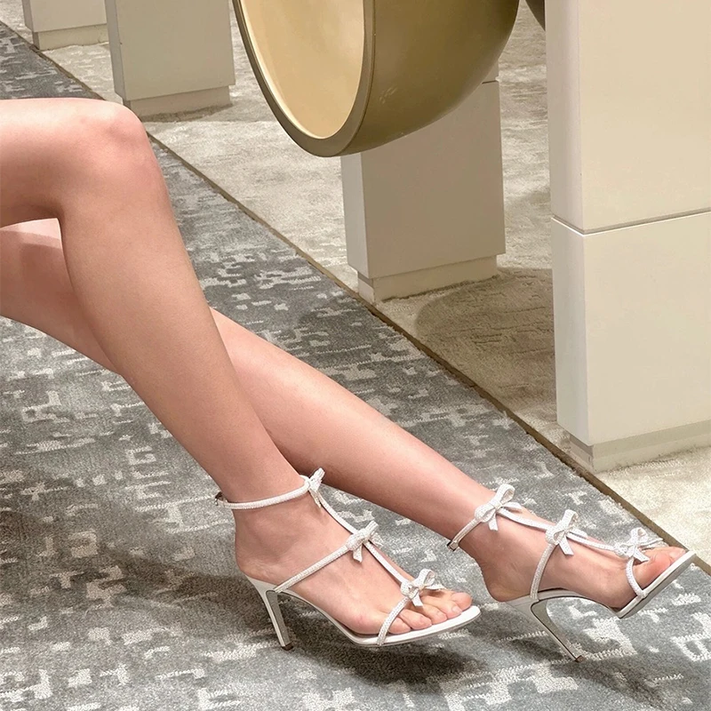 New round head elegant rhinestone bow, luxurious rhinestone, sexy slim heels, high heels, sandals for women