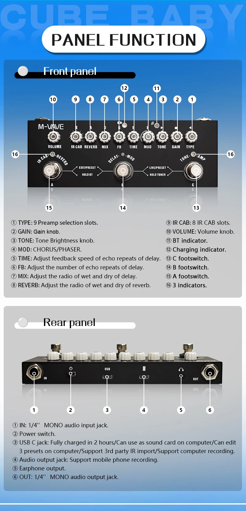 Description Picture 2 of itemM-VAVE CUBE BABY Portable Multifunctional Electric Guitar Effect Pedal Combined Guitar Pedal Recording Audio Interface Function