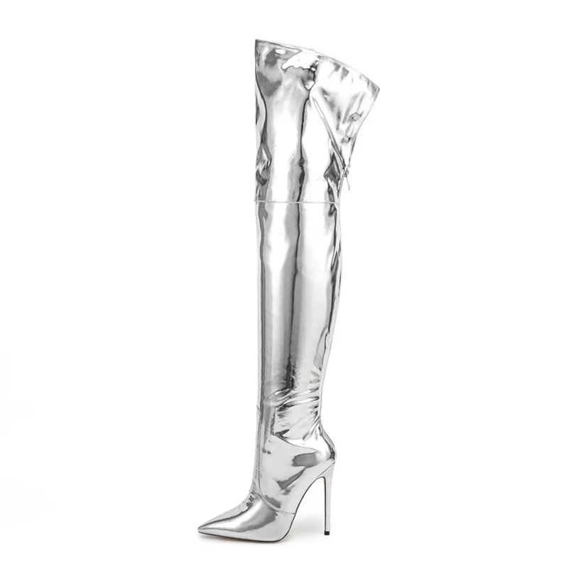 

Silver Mirror Women's High Boots Sexy Ladies Pointed Toe Thin Heels Designer Shoes Party Large Size Zipper-Sid Botas Femininas