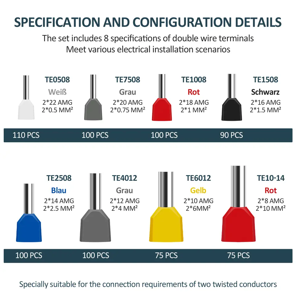 750PCS Double Wire End Ferrules Kit Multipurpose Reliable Twin Wire End Ferrules with Box Easy to Utilize for Cable Connecting image 2