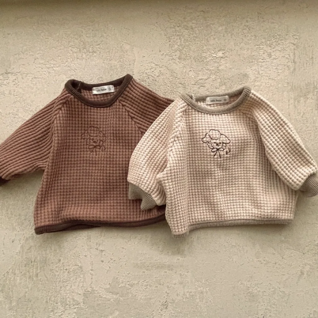 Autumn Toddler Cartoon Waffle Long Sleeves Bottoming Shirt Boy Infant Print Casual T-shirt Girl Children Cotton Tops Kid Clothes