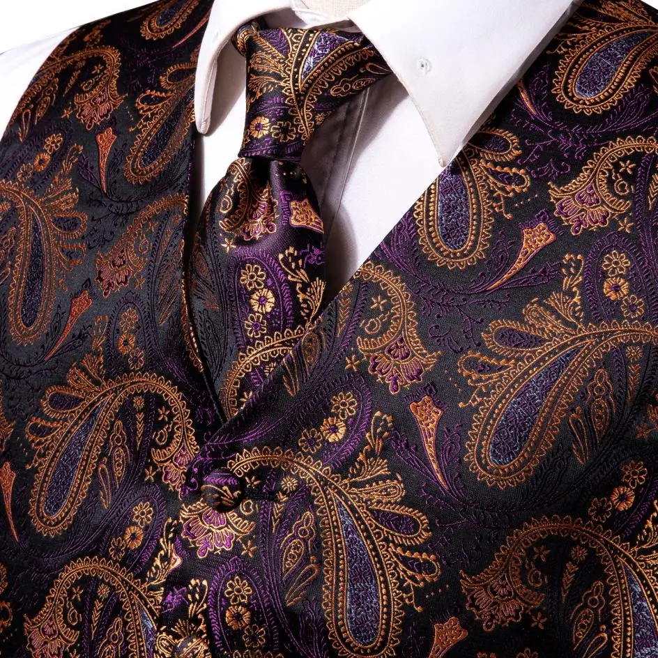 Purple Gold Silk Mens Vest Tie Set Jacquard Paisley Sleeveless Jacket Suit Waistcoat Necktie Hanky Cufflinks Wedding Business 2