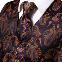 Purple Gold Silk Mens Vest Tie Set Jacquard Paisley Sleeveless Jacket Suit Waistcoat Necktie Hanky Cufflinks Wedding Business 2