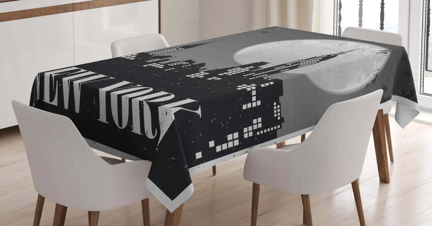 NYC Scene Tablecloth Typography Illustrated in a Grunge Printed Fabric Dining Table Cloth for Kitchen and Home Decoration |