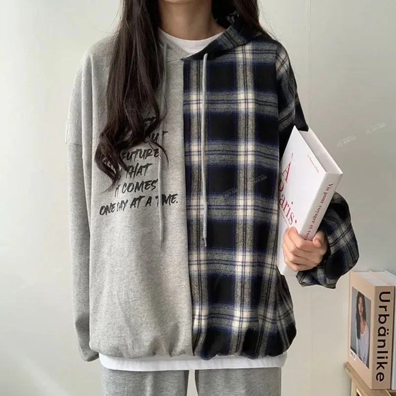 Fashion Printing Spliced Plaid Lace Up Hooded Sweatshirts Female Clothing 2023 Winter Loose Casual Tops Korean Warm Sweatshirts