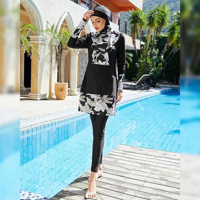 2022 Burkini Muslim Swimwear Women 3pcs Floral Print Elegant Islamic Swim Suit For Lady Hijab Swimsuit New