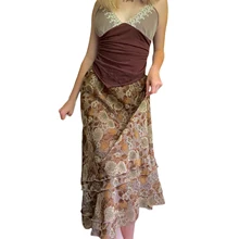 

Women\\u2019s Vintage Printing Straight Multi-layer Long Skirt Casual Stitching High Waist Skirts