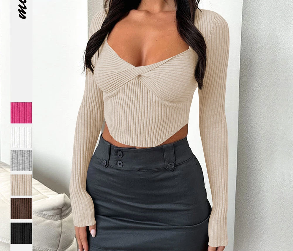 

Summer Women's Shirts 2023 Sexy Knit T-shirts Fashion Casual Slim Solid Color V-neck Long Sleeves Pullover Y2k Top Streetwear