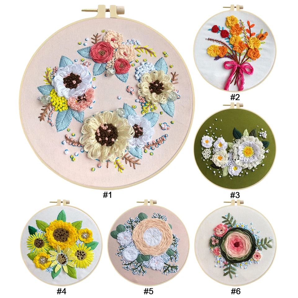 Flower Stamped Embroidery Kit with Adjustable Hoop