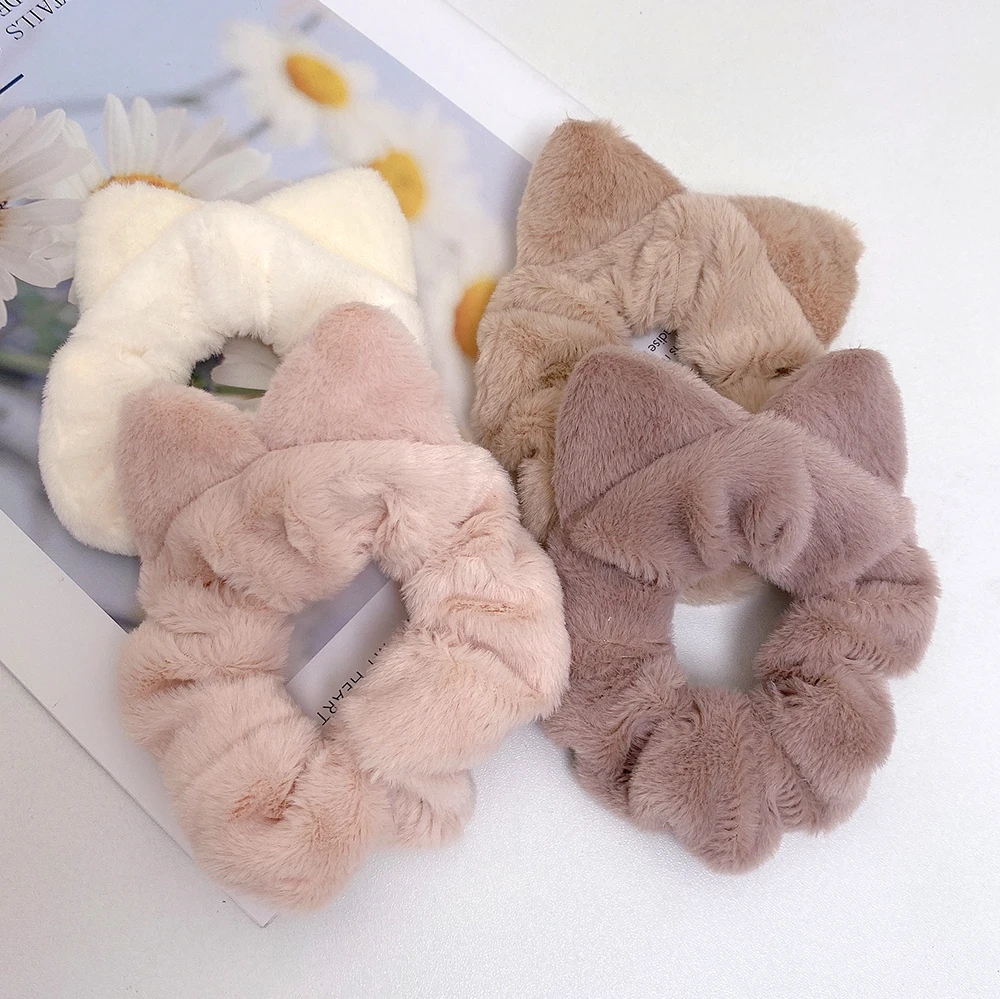 Flauschigen Tuch Große Haar Krawatten Frauen Pferdeschwanz Halter Katze Ohr Haar Hoop Gummi Elastische Kopf Seil Scrunchies Mädchen Haar Accessoires – Detail 3