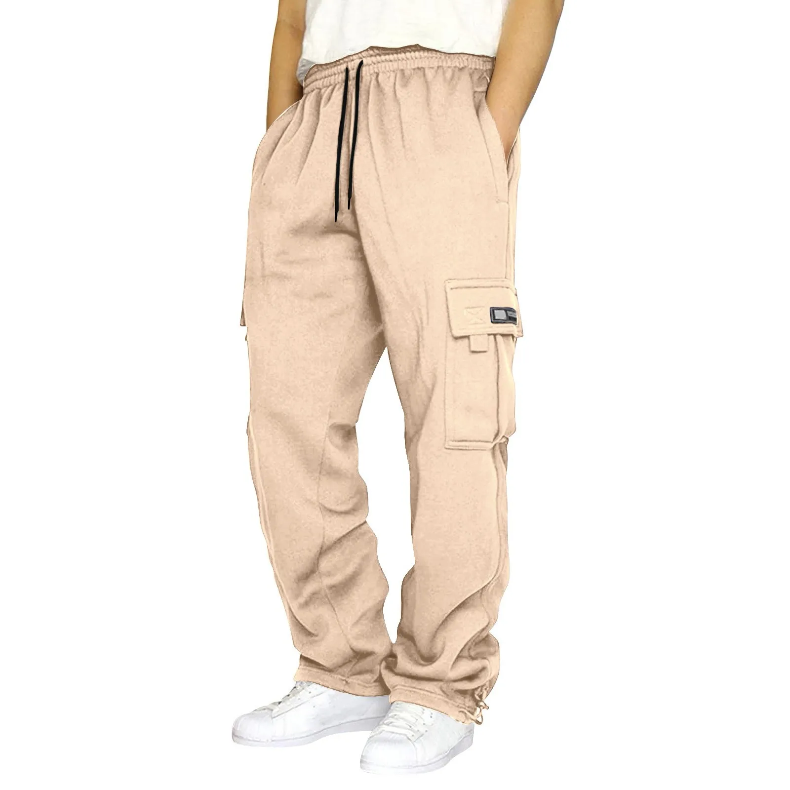 Men Pants Autumn Winter Fleece Sweatpant Casual Multi-pocket Loose Straight-leg Overalls Solid Color Thick
