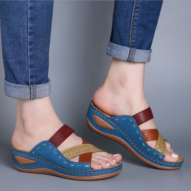 Summer Women Wedge Sandals Premium Orthopedic Open Toe Slippers Vintage Anti-Slip Leather Casual Female Platform Retro Shoes — view 2