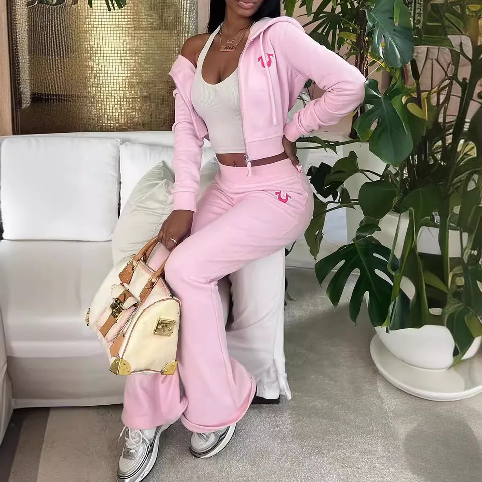 2024 秋のフード付きジッパージャケット 2 ピースパンツセット衣装女性