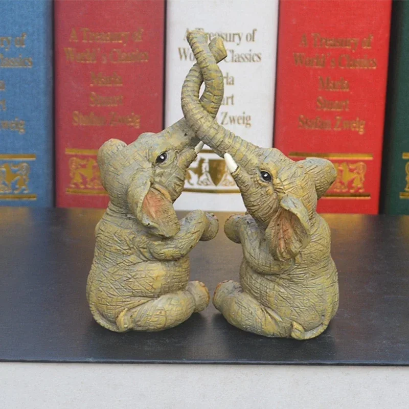 Resin Desktop Ornaments Couple Double Elephant Home Decoration Small Elephant Couple Statue Holiday Gift Ornaments