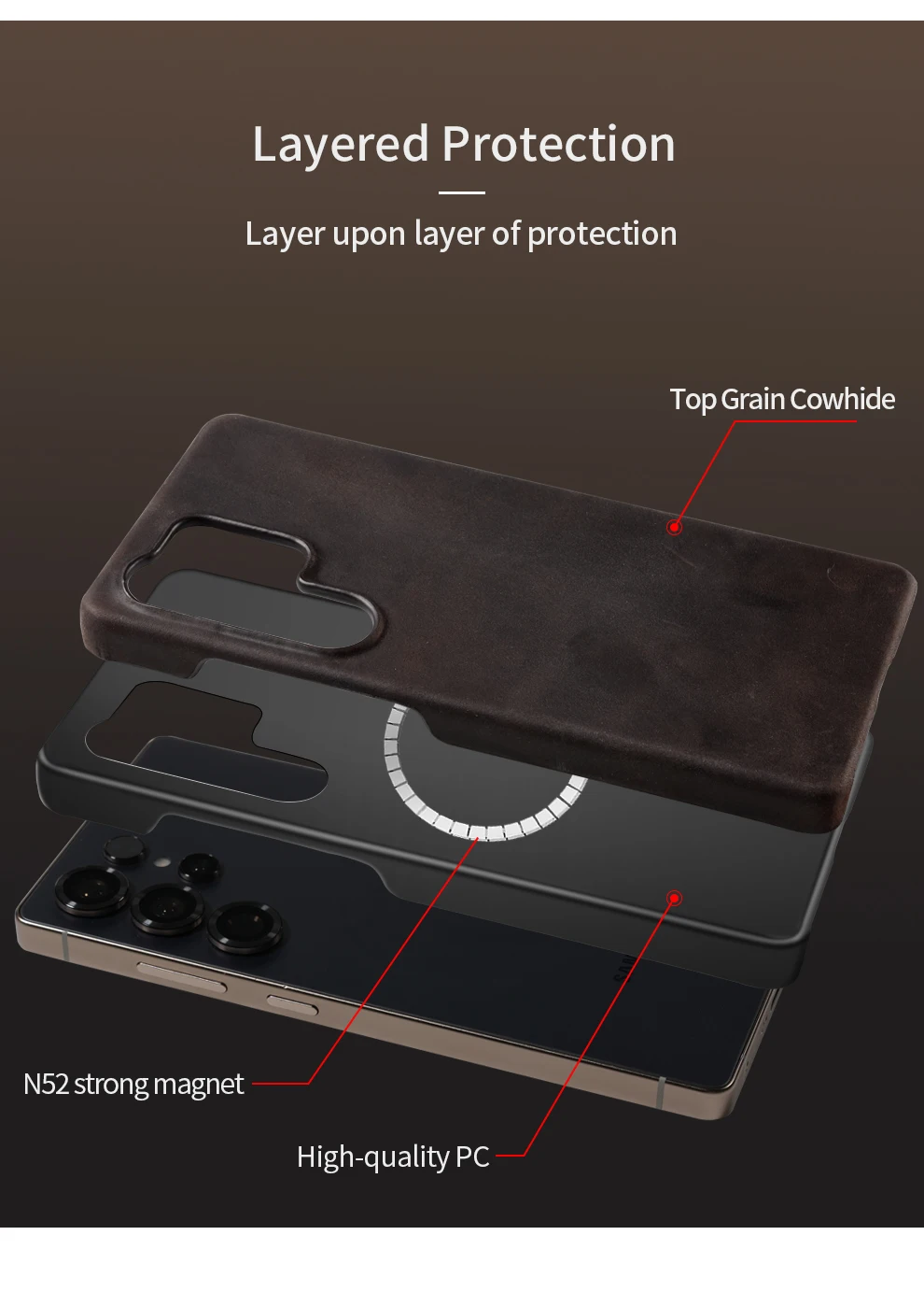 Samsung Leather Phone Case – Genuine Cowhide Magnetic Phone Cover for S24 S25 Ultra