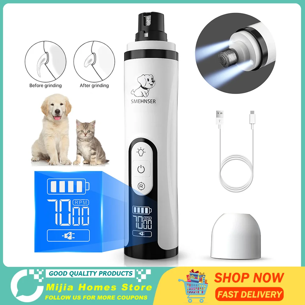 SMEHNSER Electric Pet Nail Grinder LED Light Cat Dogs Nail Clippers Rechargeable Paws Cutter Grooming Trimmer Pet Supplies