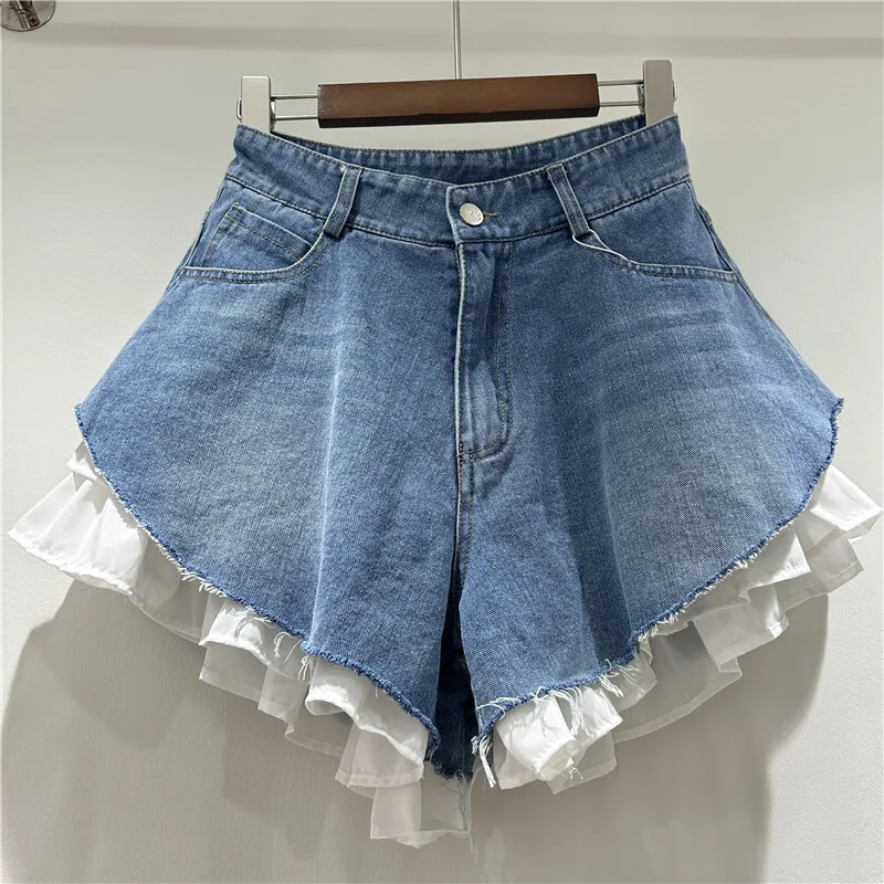 WTHT New Fashion Women's Patchwork Hem Wash Denim Shorts 2025 Summer Trendy High Waist A-line Short Pants Female 1LS1393 3