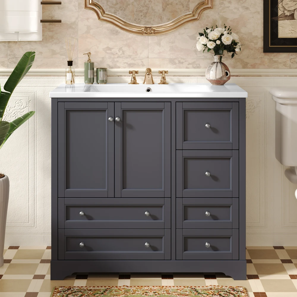 36inch Bathroom Vanity with Sink,  Solid Wood Freestanding Bathroom Vanities with 4 Storage Drawers and Shelf, Soft Closing 3