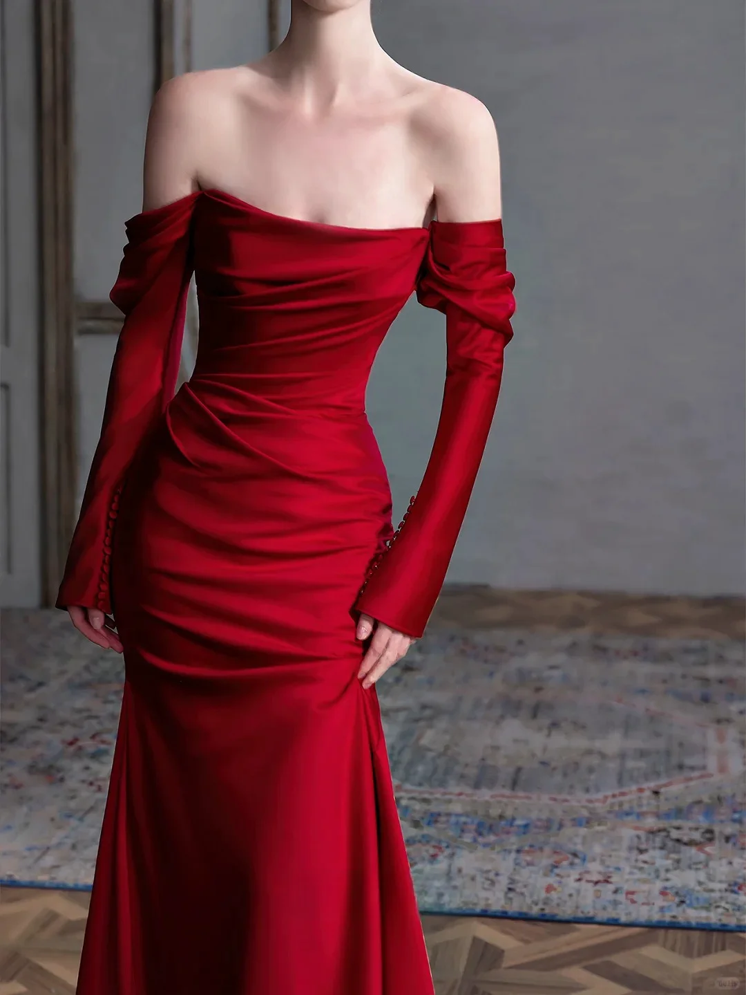 Red Evening Dresses Satin Off The Shoulder Long Sleeves Pleated Mermaid Trailing Wedding Host Party Woman Prom Banquet Dress
