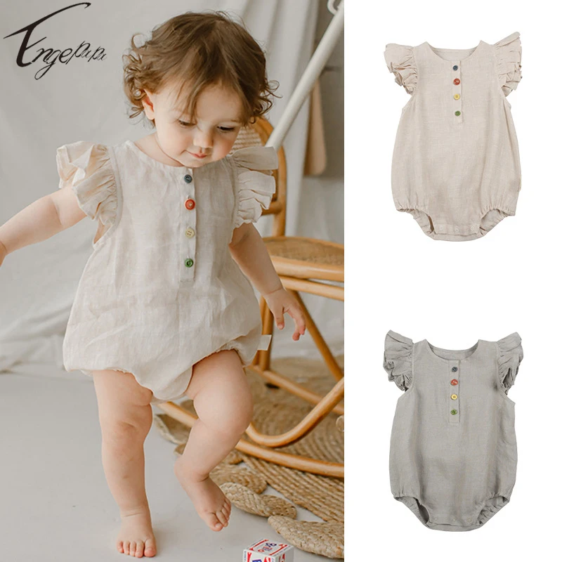 

Summer Infant Toddler Boys Girls Cotton Rompers Newborn Baby Boys Girls Solid Color Soft Rompers Jumpsuit Flying Sleeves Clothes