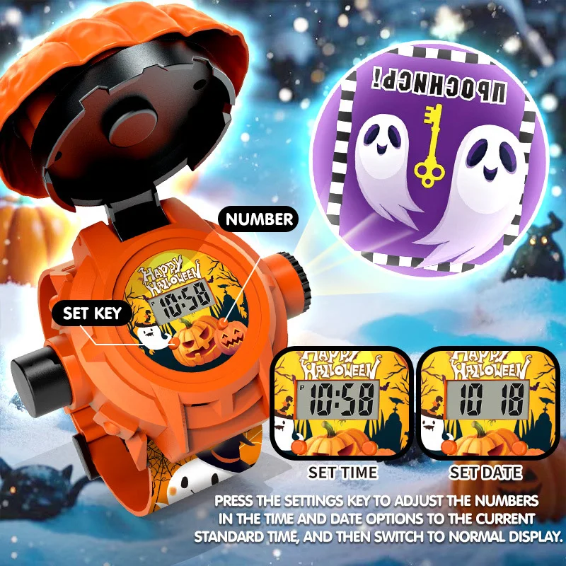 Halloween projection watch, colorful pumpkin shape flip design, is an ideal Halloween gift for children.