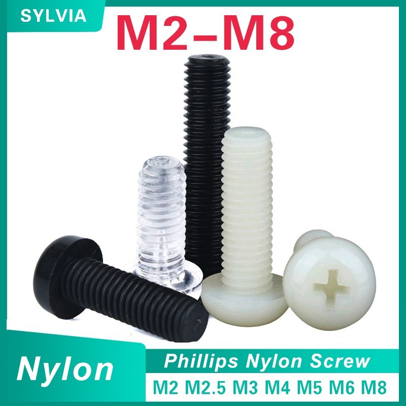 100/ 50/ 20pcs M2 M2.5 M3 M4 M5 M6 M8 Metric Thread Black White Nylon Plastic Phillips Pan Head Cross Round Screw Bolt L= 4-60mm