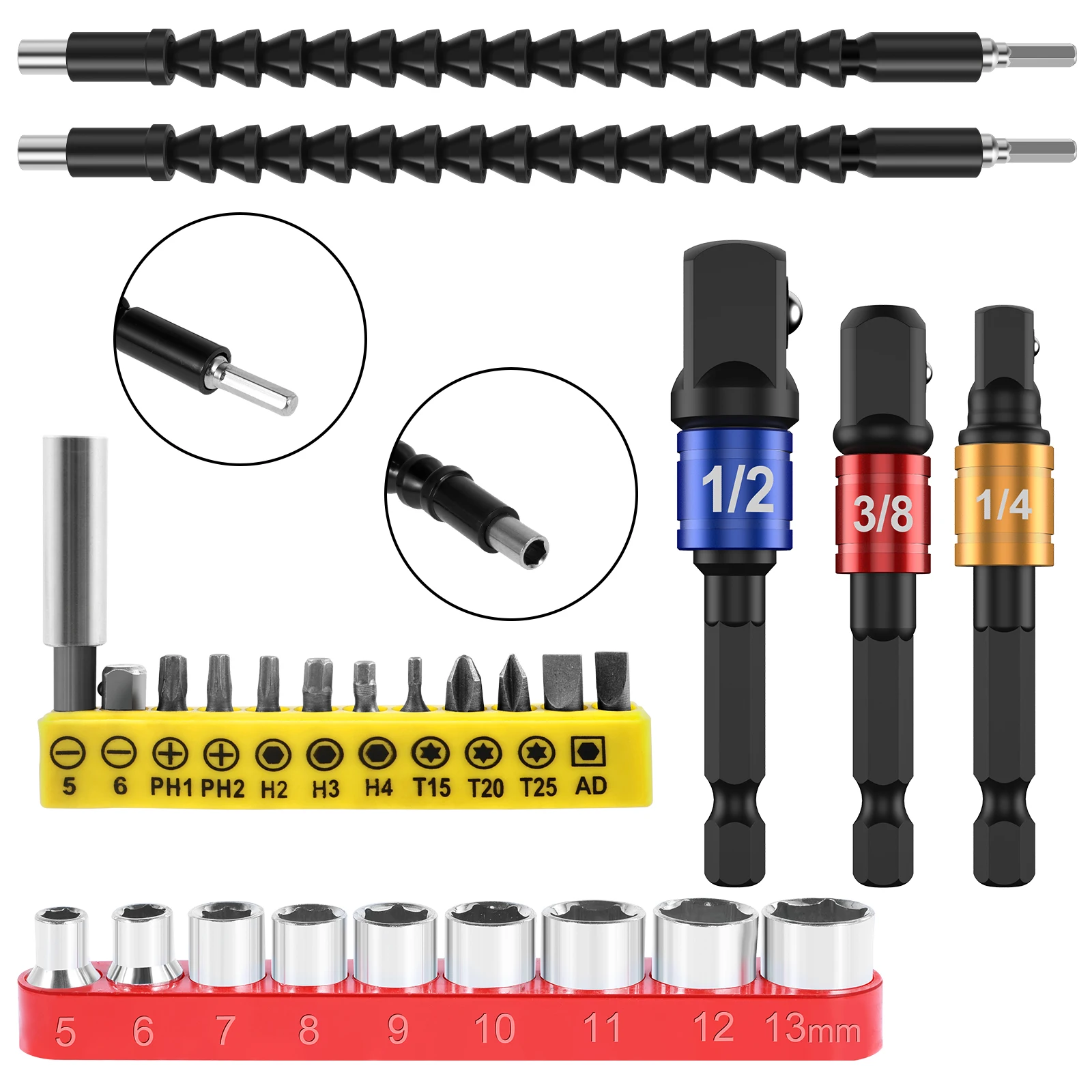 

26Pcs Flexible Drill Bit Extension Kit Quick Release Soft Shaft Screwdriver Kit with 12 Screwdriver Bits 9 Hex Socket 1/4inch