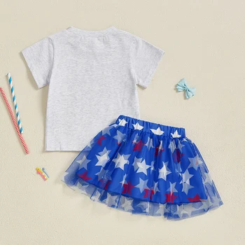 Girls Independence Day Skirt Set with Short Sleeve Bow Letter Print Tops and A-line Tulle Skirt for 4th of July 3