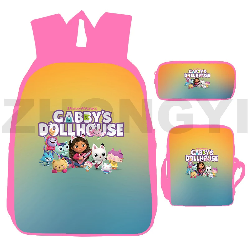 

New Cartoon 3D Gabby's Doll House Backpack 3 Pcs/ Set Cute Gabbys Dollhouse Children Bookbag Travel Harajuku Pink Kid School Bag