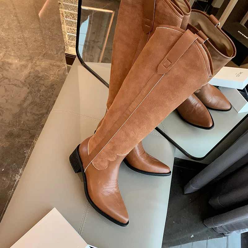 

Женские ковбойские сапоги до колена, коричневые сапоги на плоской подошве, большие размеры 43, без застежки, для осени и зимы, Прямая поставка