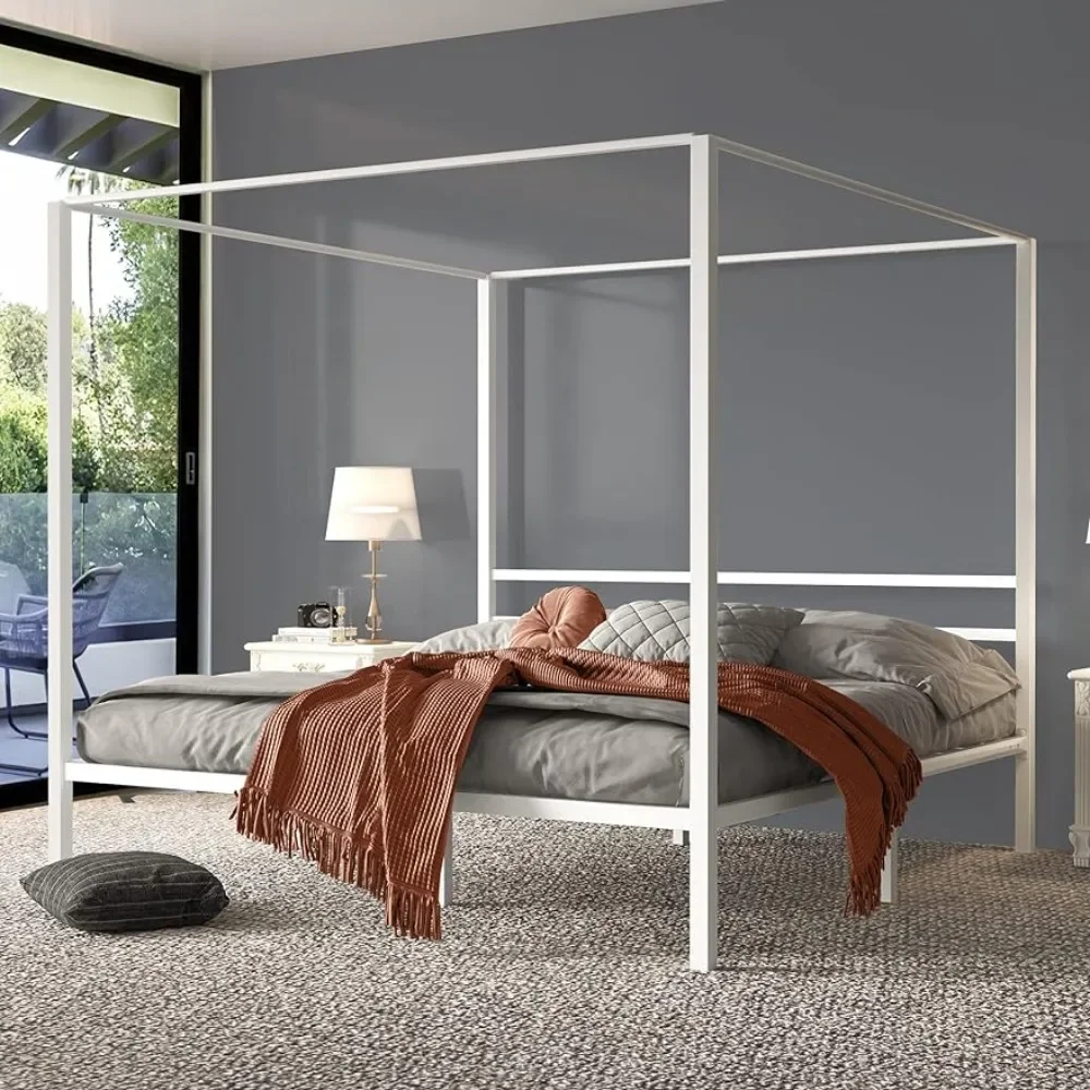 

Bedroom Furniture Metal Four Post Canopy Bed Frame 14 Inch Platform, No Springs Required, White, King Size Bed