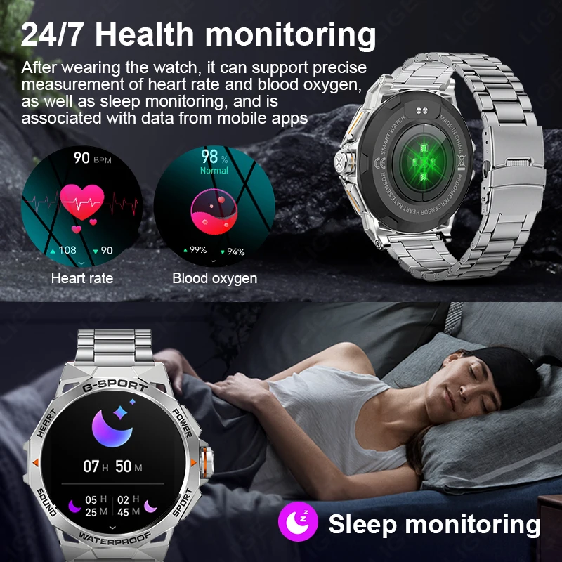 LIGE Smart Watch Men AMOLED Military Men Fitness Tracker Heart Rate Blood Pressure Monitoring Sleep Quality Analysis Smartwatch