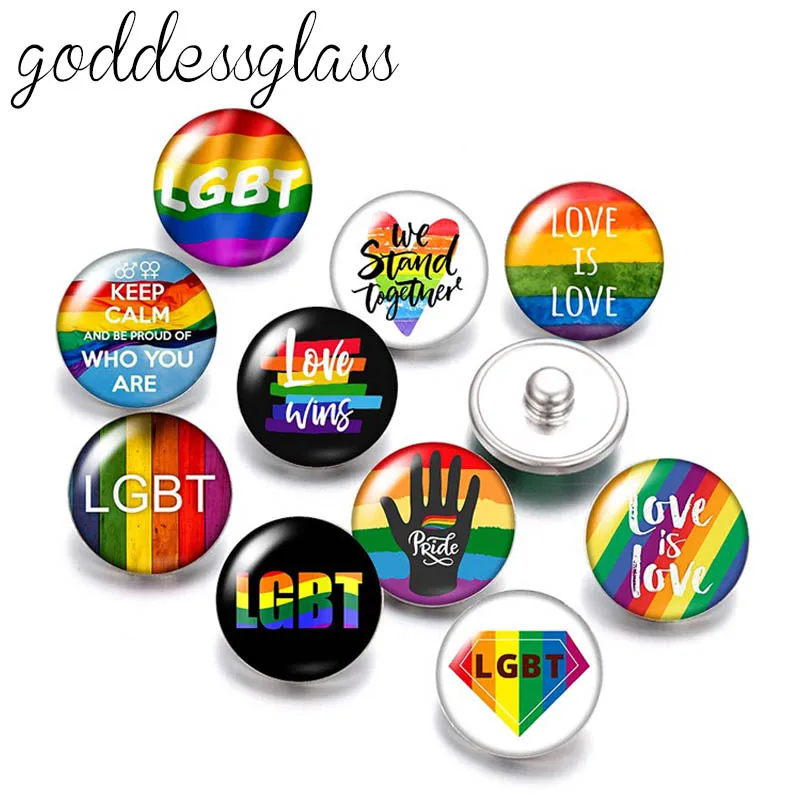 

LGBT Rainbow Flag Heart "Love is love Be Pride" Quotes 10pcs mix Round photo 12mm/18mm snap buttons DIY findings