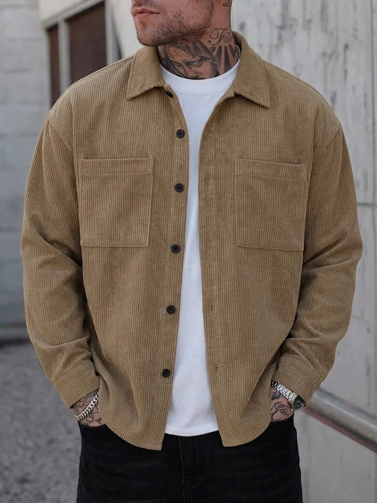 Herren-Cordhemdjacke, Retro-Freizeithemdjacke mit zwei Taschen für Frühling und Herbst