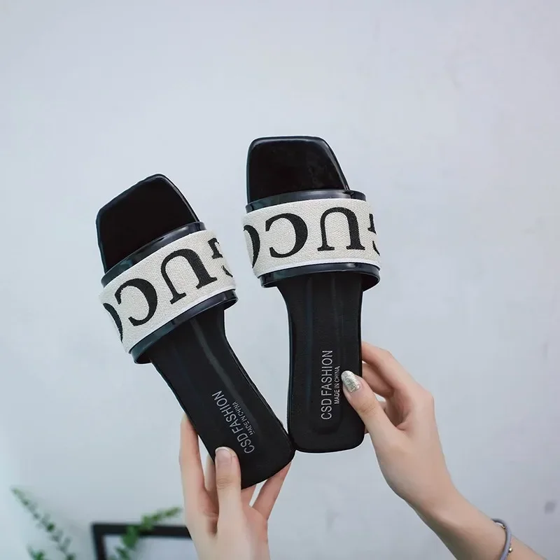 Summer Fashion Women Slides Black White Designer Brand Woman Flat Heels Open Toes Slippers House Flip Flop Causal Sandals
